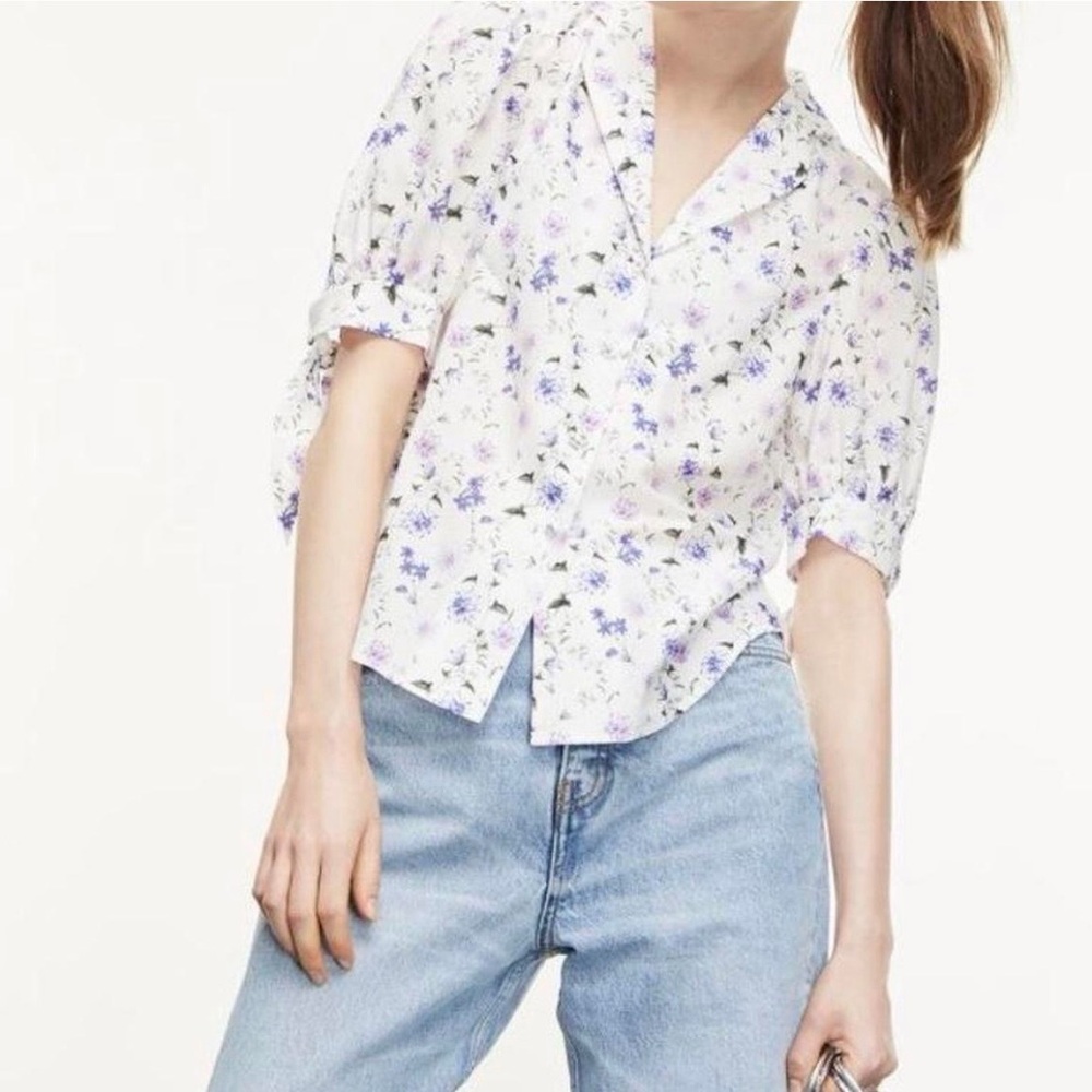 The Kooples blue purple floral silk  button up bow detail blouse top 2